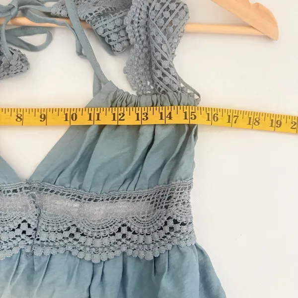 Boho Prairie Dusty Blue Crochet Backless Western Party Mini Ruffle Hem Dress M - Image 8
