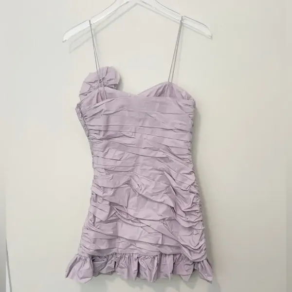 LOVESHACK FANCY Jessilyn Ruched Rosette Ruffle Hem‎ Mini Dress in Lavender XS - Image 4