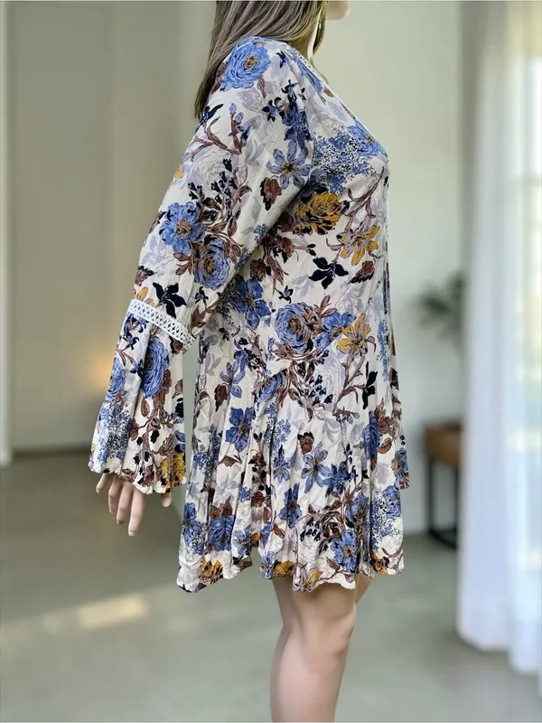 Umgee Floral Boho Tunic Mini Dress Large Bell Sleeve High Low Crochet Trim - Image 4