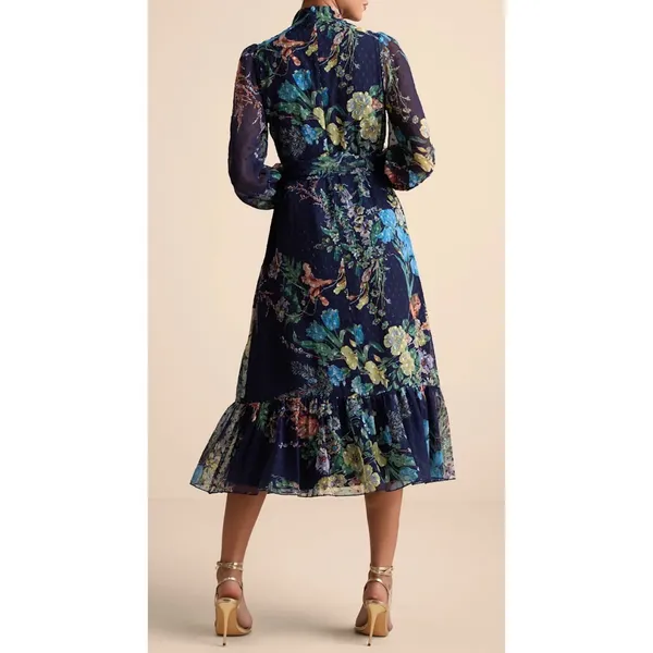 NWT Lulus Size XL Fallyn Navy Blue Floral Swiss Dot Long Sleeve Midi Dress - Image 3