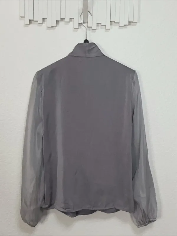 Miss Sparkling Silver Gray Satin Surplice Wrap Blouse Draped Long Sleeve Top - Image 7