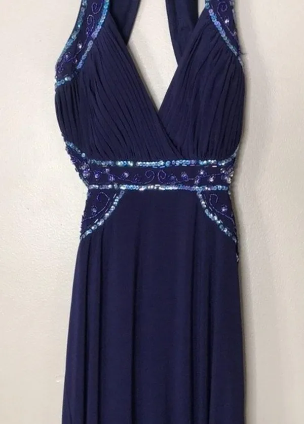 Nightway navy blue open back low cut prom holiday dress size 4 - Image 4