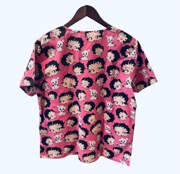 Retro Betty Boop Scrub Nursing Top Medical Pink Cartoon M Scrubs Nurse - Image 3
