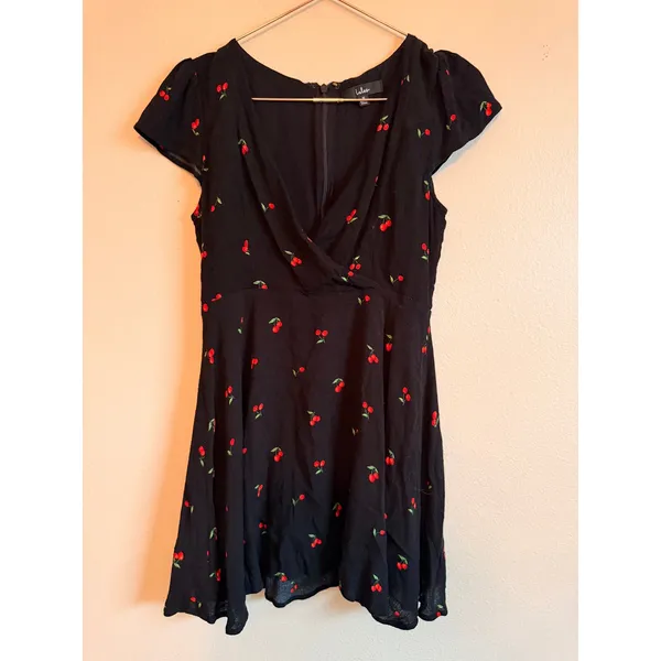 Lulus Mini Dress Women Medium Black Cherry Print Cherish‎ You Surplice Flutter - Image 4
