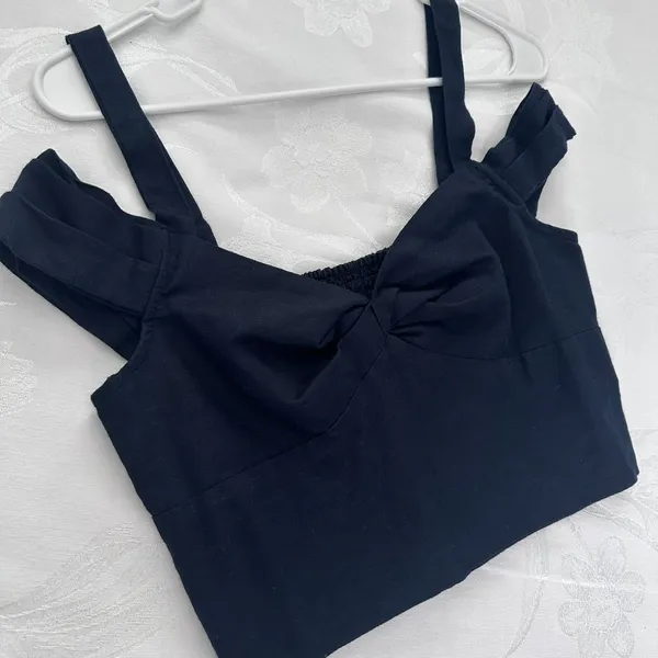Anthropologie Maeve Size-XS Black‎ Linen Off The Shoulder Twist Crop Top - Image 12