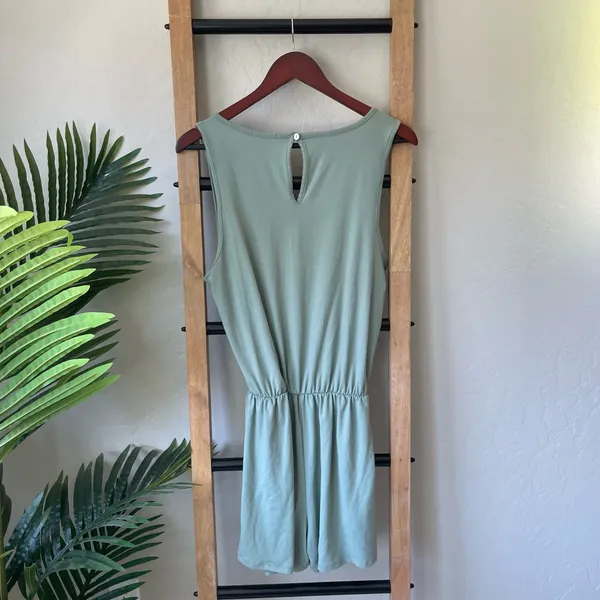 Pink Lily Sleeveless Sage Green Drawstring Waist Romper - Image 5