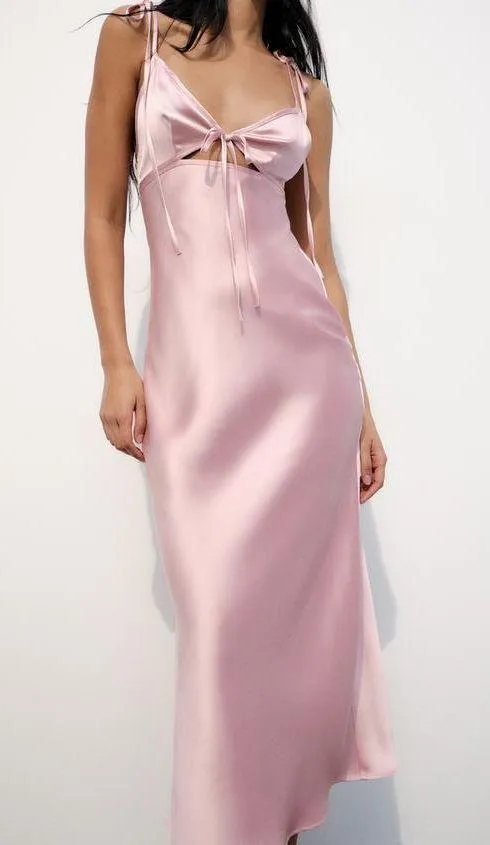 Zara dress maxi satin effect slip dusty pink tied wedding party evening - Image 15