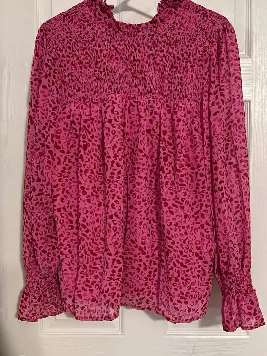 Womens Pink Leopard Smocked Neck Blouse - Image 2