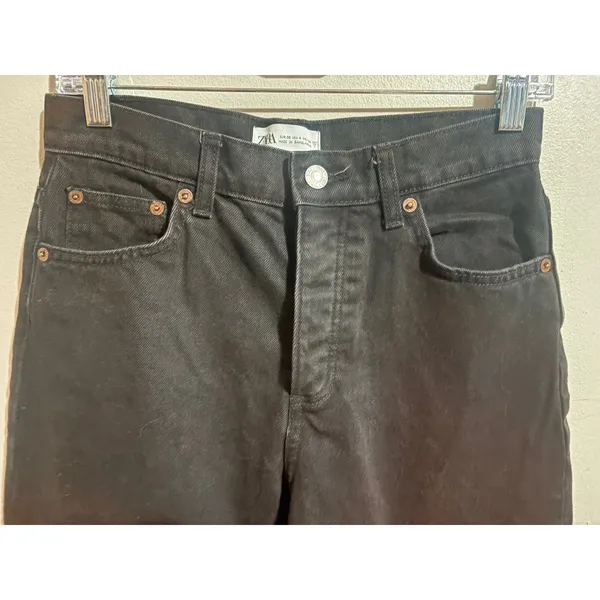 Zara Straight Leg Jeans Womens‎ 4 Black Excellent High Waisted Cotton Denim - Image 7