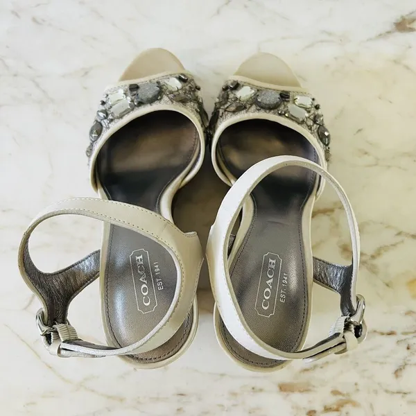 COACH Hanson Tan Gray Jeweled Rhinestone Platform Wedge Heel Sandals - US 8 - Image 6