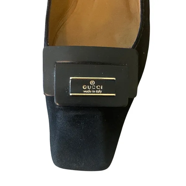 Vintage Gucci‎ Black Suede Square Toe Kitten Heels Logo 36 - Image 15