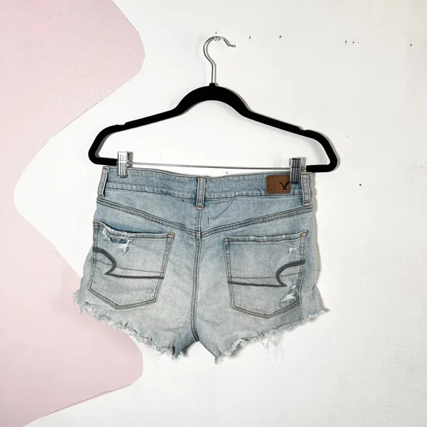 American Eagle Distressed Denim Shorts Size 10 Lace Underlay Light Wash Cut Offs - Image 2