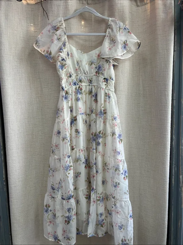 Floral Chiffon Flounce Sleeve Shirred Midi Dress Medium - Image 6