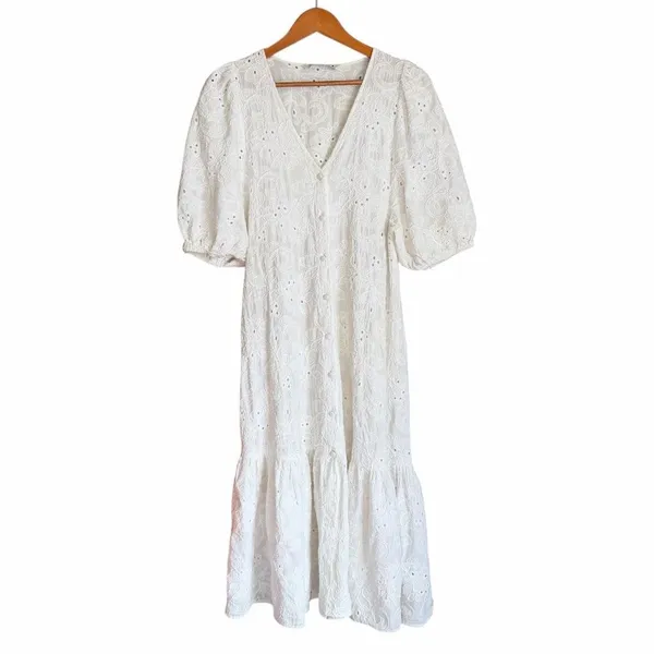 Zara White Eyelet Embroidered Midi Dress Size S Puff Sleeve Cotton Boho Cottage - Image 2