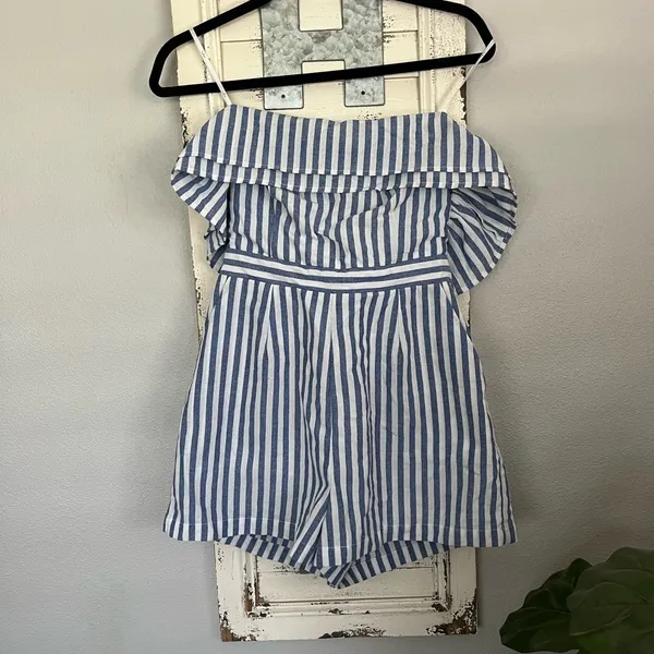 Lulus Nautical You Mine Blue and White Striped Off-Shoulder Romper - Image 2