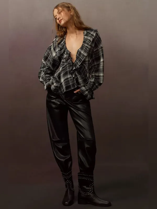 NWT Anthropologie Pilcro Plaid Ruffled Button Black Blouse S - Image 2