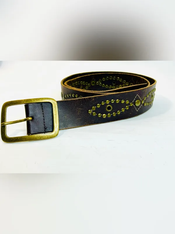 Western Brass Studded Belt, Brown Faux Leather with Studded Design - Image 8