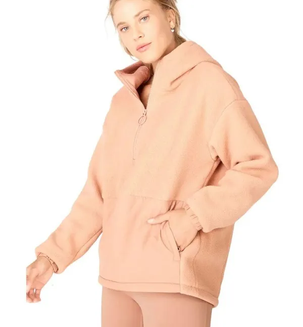 Fabletics Lotta Sherpa Half Zip Hooded Sweatshirt Jacket in peach tan - Image 2
