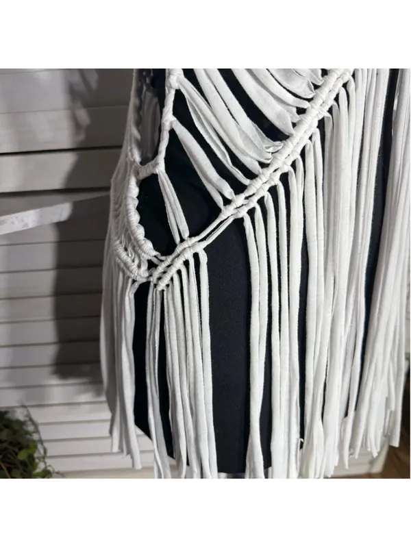 Solitaire white fringes crochet vest top macrame boho fairy festival coastal S - Image 7