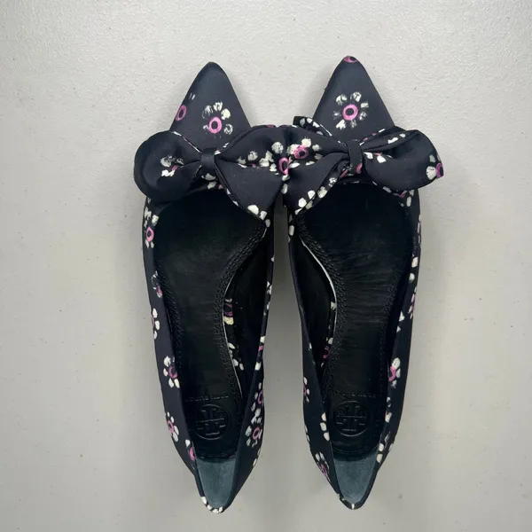 Tory Burch Black Rosalind Bow Floral Pointed Ballet Flats Size 5 - Image 3