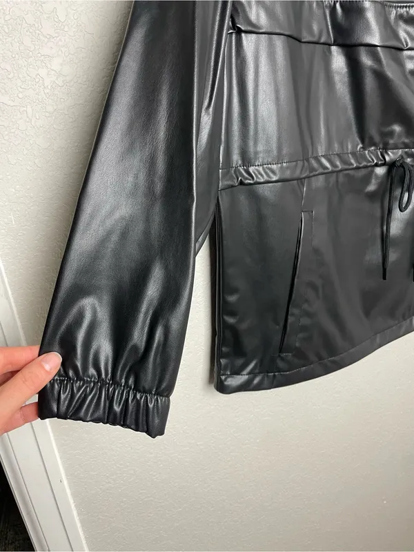 H&M Divided Oversized Black Faux Leather Hooded Anorak Utility Jacket Size L - Image 4