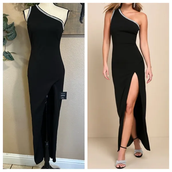 NWT Lulus Glamorous Muse Black Rhinestone One-Shoulder Maxi Dress - Image 2