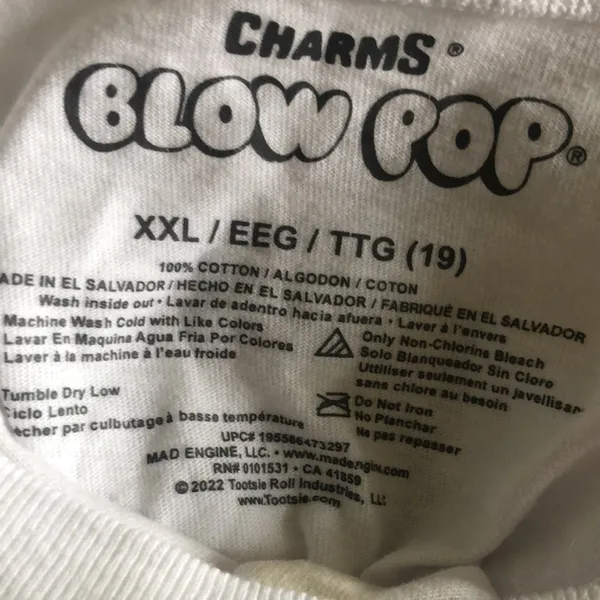 Charms Blow Pop Bubble Gum Filled Pop White SS Graphic Tee size XXL Novelty - Image 3