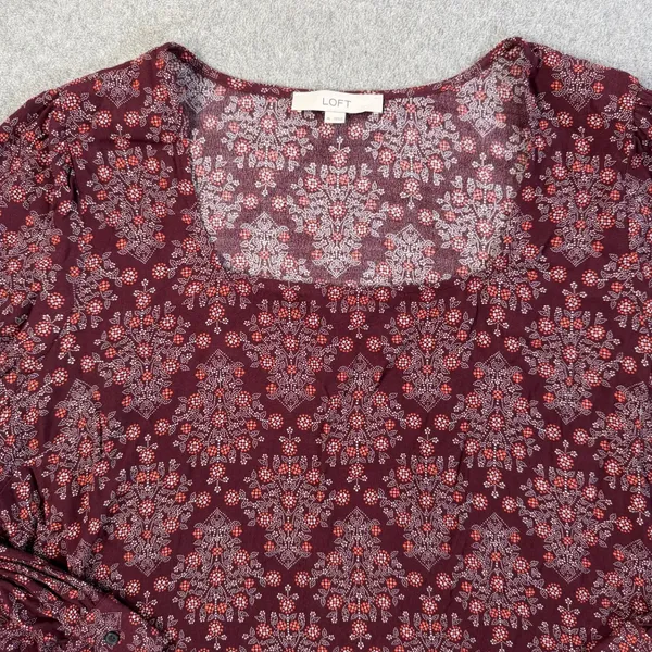 LOFT Women's XL Square Neck Long Sleeve Blouse Top Maroon Floral Paisley - Image 4