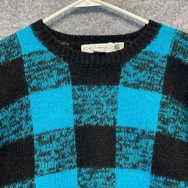 Vintage GAP Clothing Sweater Women's Medium‎ Blue Black Check Thick Knit Wool - Image 2
