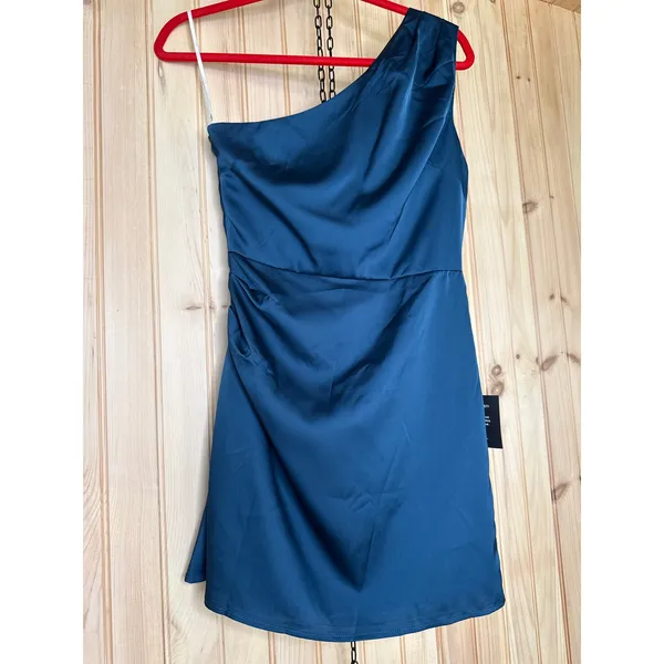 NWT Lulus Love Me Tonight Navy Blue Satin One-Shoulder Mini Dress Party Size S - Image 2