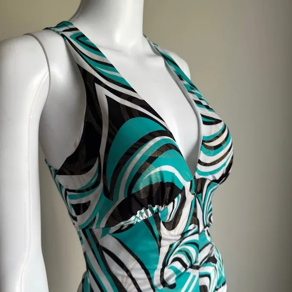 Vitnage Y2K Cache Swirl Print Micro Mesh Shimmer Ruched Dress - Image 3