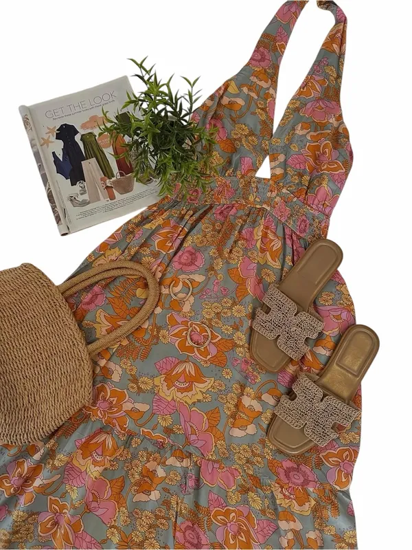 ZESICA Boho Retro Floral Halter Maxi Dress Pink Orange Tiered Sun Dress Large - Image 9