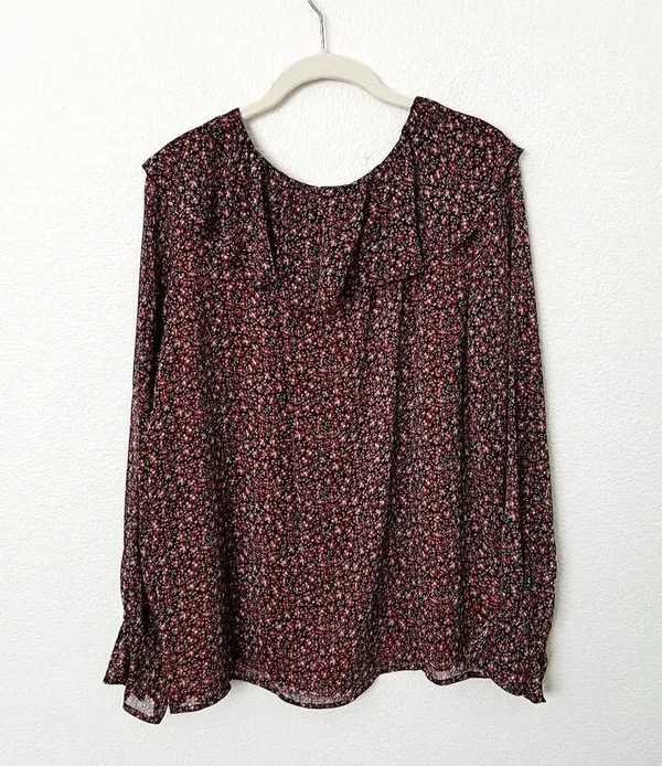 [LOFT] Red Black Floral Print Ruffle Neck Long Sleeve V-Neck Blouse Size Large L - Image 2