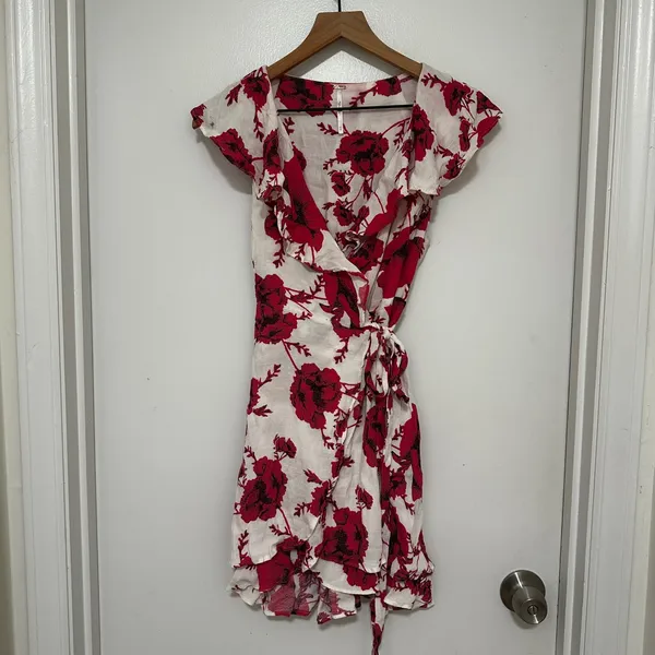 Free People | Women's Red Pink White Floral Ruffle Wrap Mini Dress, Size XS - Image 2