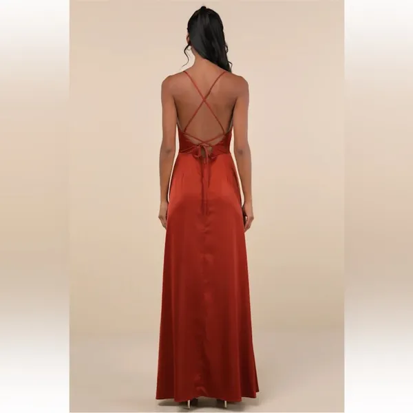 Lulus Rust Orange Satin Silky Lace-Up Backless Maxi Dress - Image 2