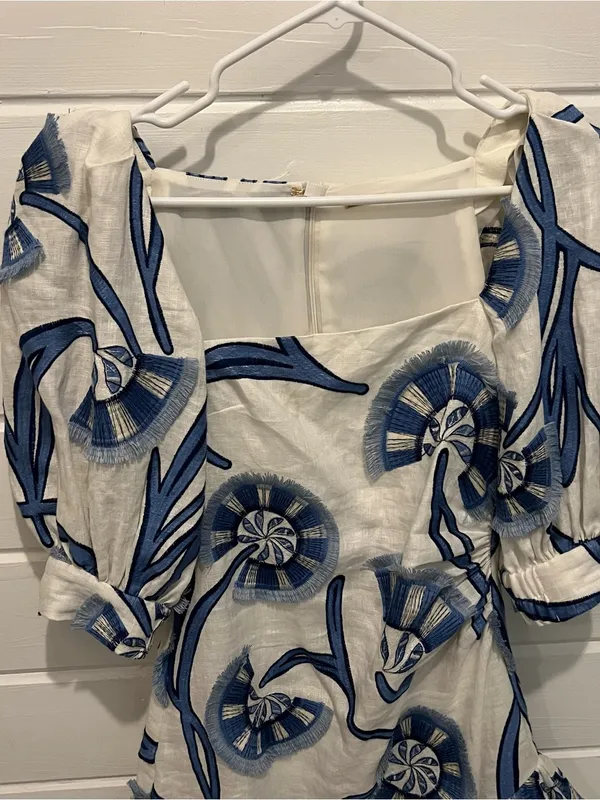 Alexis White Mini Dress with Blue Abstract Fan Print and Puff Sleeves - Image 3