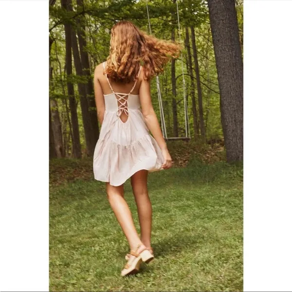 Urban Outfitters Harper Pink Tiered Lace-Up Babydoll Dress Small - Image 15