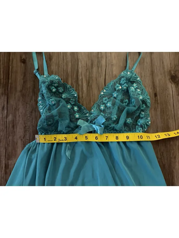 Vintage Y2K Sheer Babydoll Slip Lingerie Turquoise Sz L - Image 4