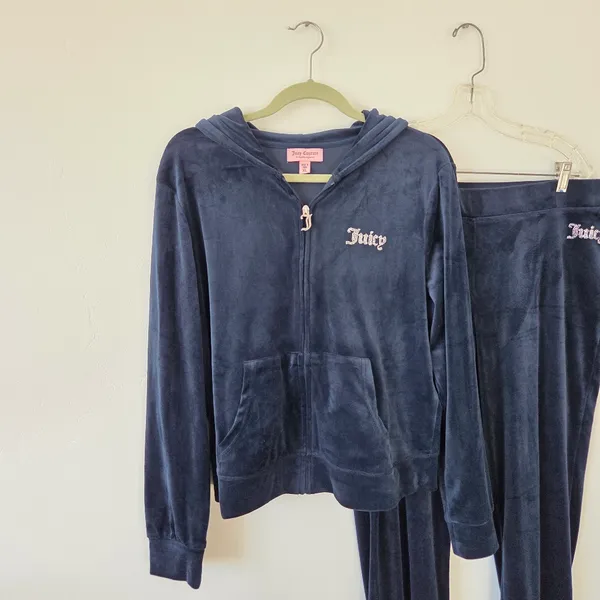 Juicy Couture Velour Tracksuit Navy Blue XL Velvet Plush Zip Lounge Set Y2K 90s - Image 2