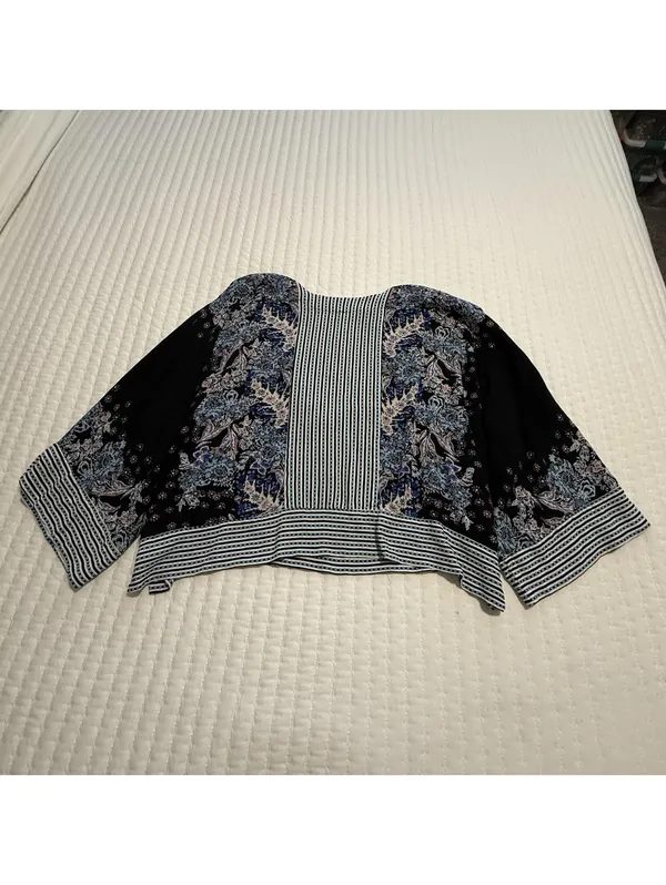Free People Cropped V Neck Blouse Shirt Printed Floral & Stripes Boho Sz L Large - Image 11