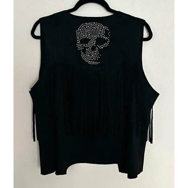 Vocal Women’s Black Sleeveless Fringe Rhinestone Skull Open Front Vest SZ XL EUC - Image 4