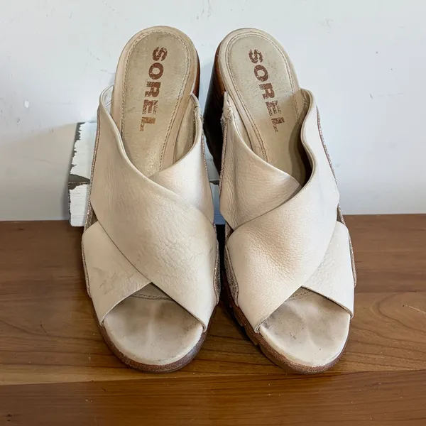 Sorel Joanie II Mule Tan Metallic Rose Gold Leather Block Heel Sandals NL3578 - Image 3