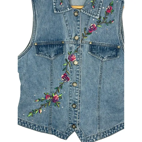Vintage Bill Blass Denim‎ Vest Medium Blue Floral Embroidered Rhinestone 90s Y2K - Image 3