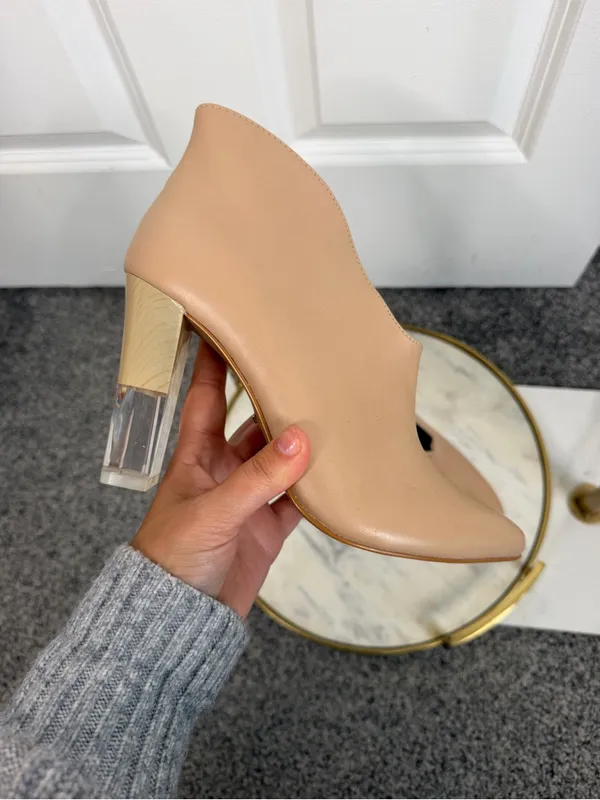 42 Gold Size 7.5M Nude Pointed Toe Clear Block Heel Ankle Booties NWOT - Image 5