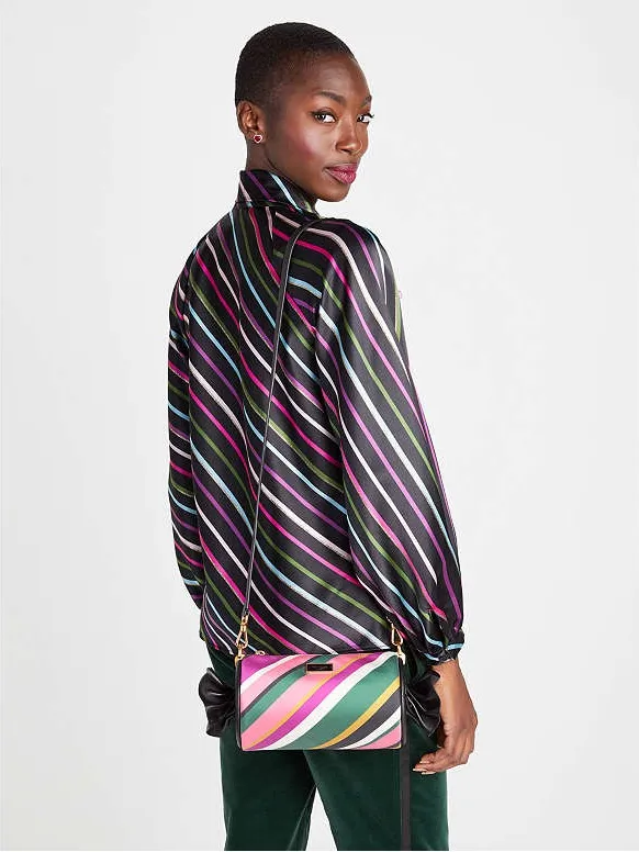 kate spade Black Satin Tie-Neck Blouse with Pink, Green, Blue and White Stripes - Image 6