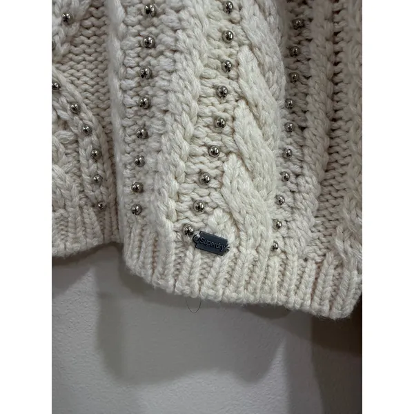 Superdry Sartorial Womens Cream Cable Knit Studded Mock Neck Cropped Sweater XS - Image 5
