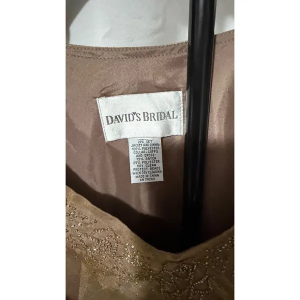 Davids Bridal Bronze Gold Metallic Beaded V-Neck Sleeveless Maxi Evening Gown - Image 2