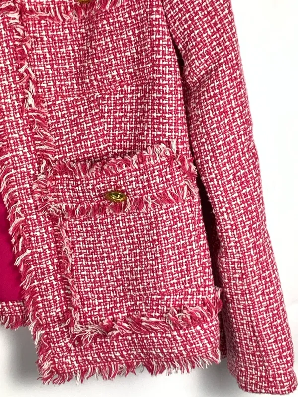 Saks Fifth Avenue Tweed Jacket XS Pink Frayed Trim Open Front Blazer - Image 6