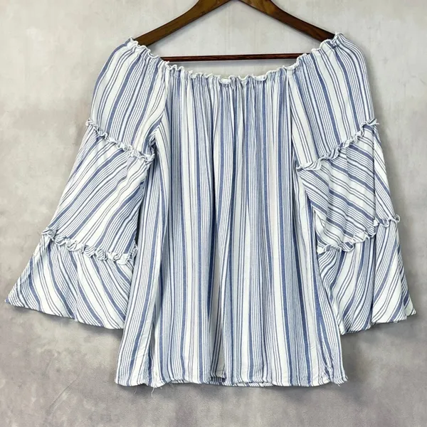 DREW Women Top Blouse Size Medium Off Shoulder Stripe Tiered Bell Sleeve Peasant - Image 12