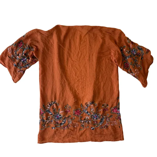 Boho Embroidered Kimono Cardigan Duster Rust Floral Open Front Festival One Size - Image 5